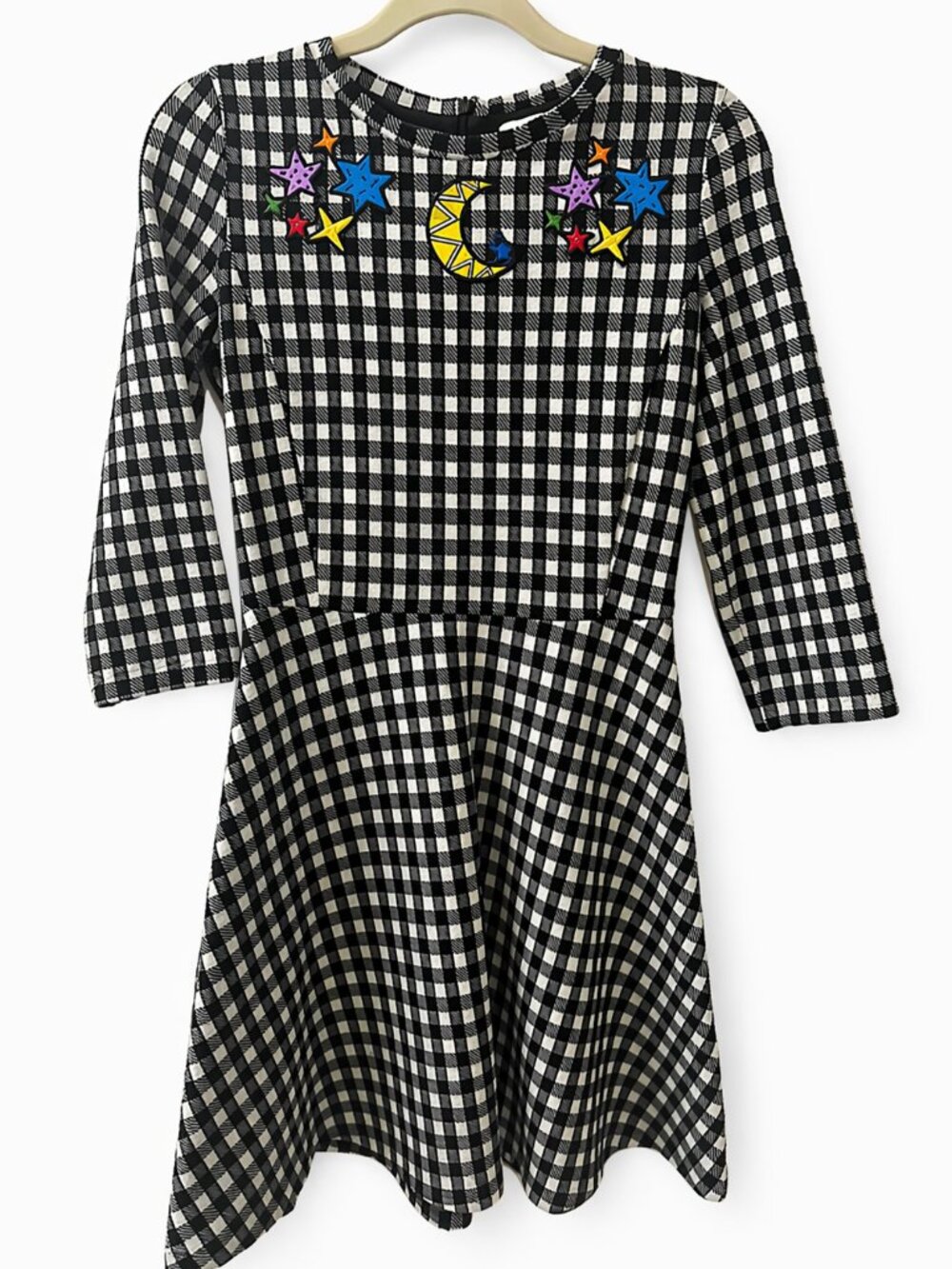 iBLUES Black White Gingham Knit Dress Women M 160/84A Long Sleeve Fit Flare